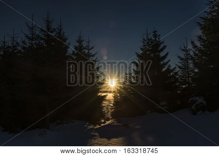 Sunrise In Jeseniky Mountains In Christmas Time Near Kralicky Sneznik Hill