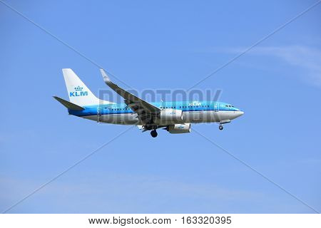 Amsterdam the Netherlands - July 15th 2016: PH-BGT KLM Royal Dutch Airlines Boeing 737 approaching Polderbaan runway at Schiphol Amsterdam Airport arriving from Venice Italy