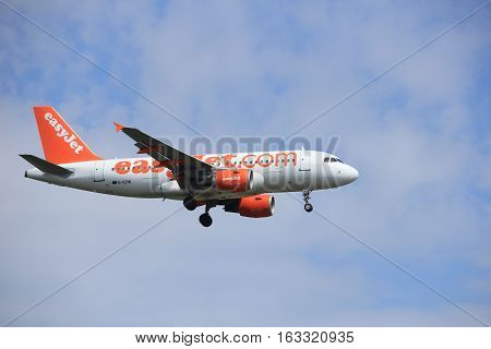 Amsterdam the Netherlands - July 21st 2016: G-EZIN easyJet Airbus A319-111 approaching Polderbaan runway at Schiphol Amsterdam Airport arriving from Glasgow Scotland