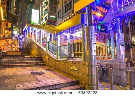 Hong Kong, China - December 10, 2016: the Central-Mid-Levels escalator, the longest outdoor covered escalator system in the world, Central Hong Kong, by night.