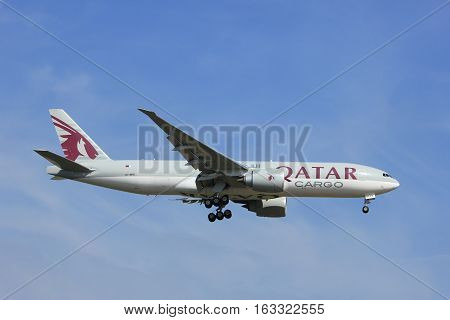 Amsterdam the Netherlands - July 21st 2016:A7-BFE Qatar Airways Cargo Boeing 777 approaching Polderbaan runway at Schiphol Amsterdam Airport arriving from Chicago USA