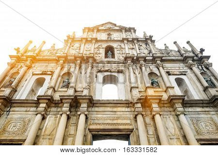Ruins St.Paul Church with dramatic sun light famous landmarks and world cultural heritage in centre of Macao/Macau China