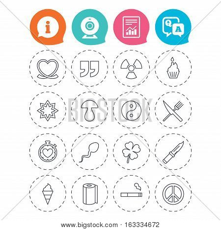 Universal icons. Quotes, ribbon heart and cake. Clover, mushroom and ice cream. Smoking, knife and fork. Information, question and answer icons. Web camera, report signs. Vector