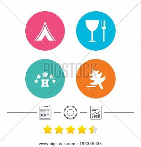 Food, hotel, camping tent and tree icons. Wineglass and fork. Break down tree. Road signs. Calendar, cogwheel and report linear icons. Star vote ranking. Vector