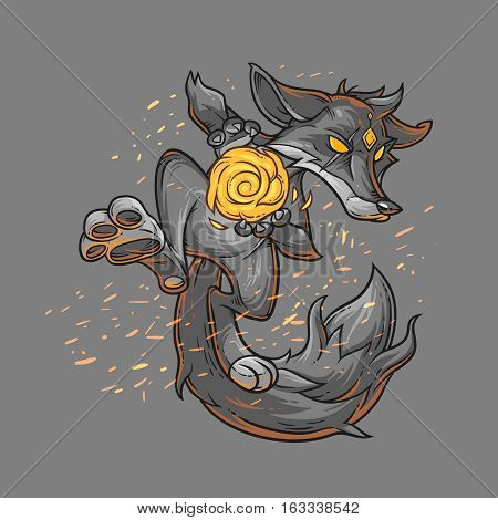Vector illustration of a cartoon monster fire fox. Print for T-shirts