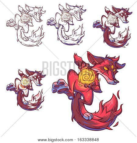 Set vector illustration of a cartoon monster fire fox. Print for T-shirts