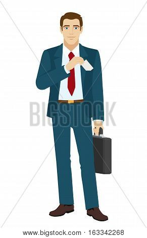 Businessman puts the business-card in his pocket. Businessman holding briefcase. Vector illustration.