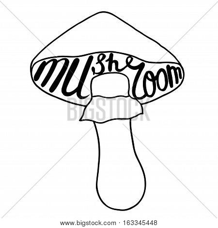 Mushroom graphic drawing trace with art lettering. Vector illustration