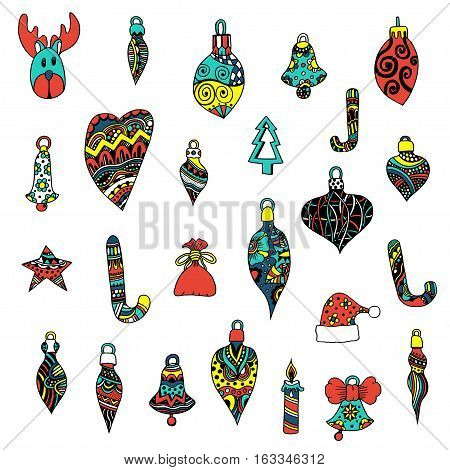 Colored Christmas toys set. New Year, doodling. Retro Vintage Merry Christmas Background, Hand Drawn, Vector illustration
