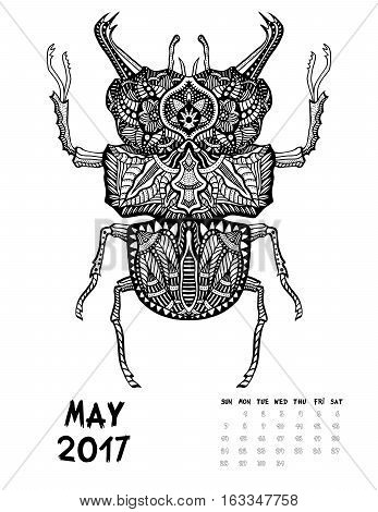May, 2017 calendar. Line Art Black and white Illustration. Big Bug. Print anti-stress coloring page.
