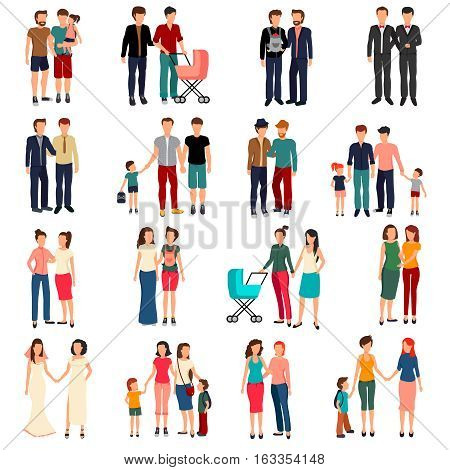 Flat set of male and female homosexual couples and families with children isolated on white background vector illustration