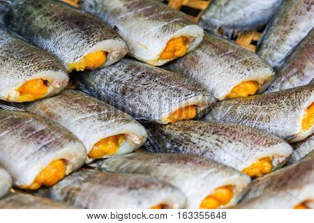 Snake Skin Gourami Fish with yellow eggs, Pla Salit (Trichogaster pectoralis) desiccated.