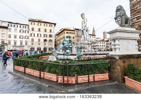 Fountain Of Neptune In Florence City In Rain