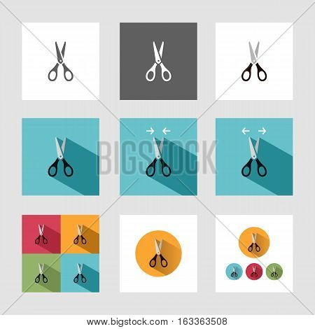 Scissors icon in nine colored versions and different backgrounds