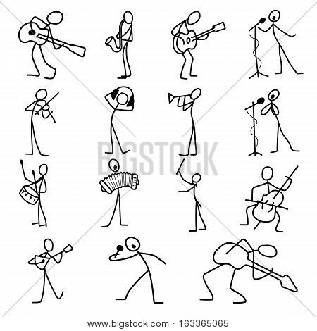 Cartoon icons set of sketch stick musician figures vector people in cute miniature scenes.