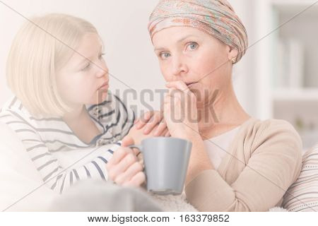 Worried Cancer Woman And Child