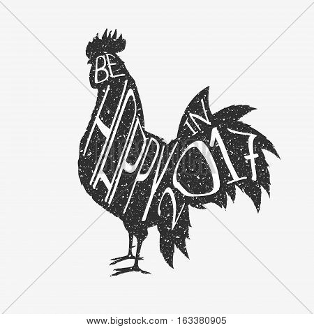 Rooster and lettering isolated on white background. The symbol of the year 2017. Silhouette. Text. 2017. Vector illustration.