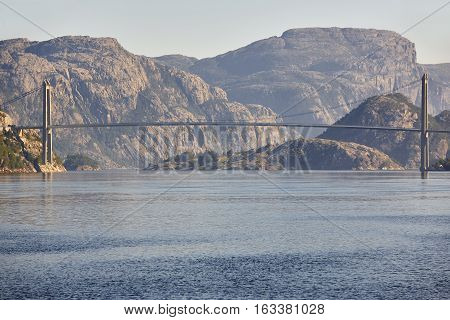 Norwegian fjord landscape. Hardanger bridge. Sorfjorden area. Visit Norway. Horizontal