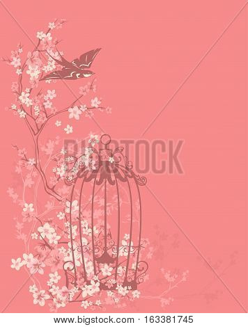 bird cage and swallow among flowers and tree branches - spring season floral vector design