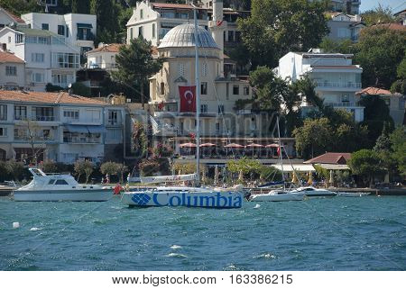 ISTANBUL/TURKEY-AUGUST 14, 2016: Columbia Yacht at the seaside of Burgazada Island of Istanbul. August 14, 2016-Istanbul/Turkey
