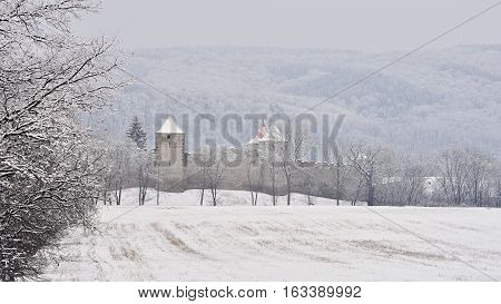 Winter landscape with a beautiful Gothic castle Veveri. Brno city - Czech Republic - Central Europe.