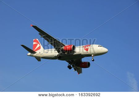 Amsterdam the Netherlands - May 6th 2016: OK-NEO Czech Airlines (CSA) Airbus A319 approaching Schiphol Zwanenburg runway arriving from Prague Czech Republiek