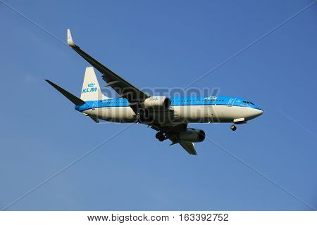 Amsterdam the Netherlands - May 6th 2016: PH-BXY KLM Royal Dutch Airlines Boeing 737 approaching Schiphol Zwanenburg runway arriving from Oslo Norway