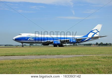 Amsterdam The Netherlands - August 7 2015: VQ-BGZ AirBridgeCargo Boeing 747-8F takes off from Polderbaan Runway.