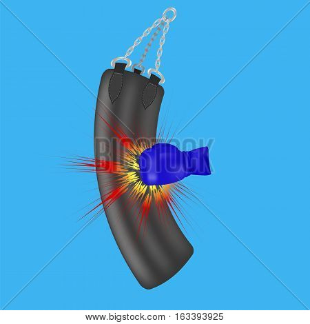 Boxing Glove and Black Sport Bag Isolated on Blue Background
