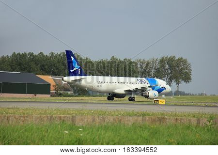 Amsterdam the Netherlands - August 10th 2015: CS-TKP Azores Airlines Airbus A320-214 taxing after landing on the Polderbaan to main terminal Schiphol Airport