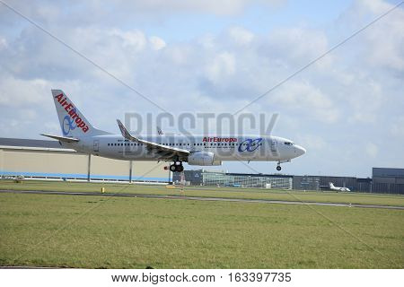 Amsterdam The Netherlands april 11 2015: EC-JBK Air Europa Boeing 737 approaching runway 09-27 Buitenveldert