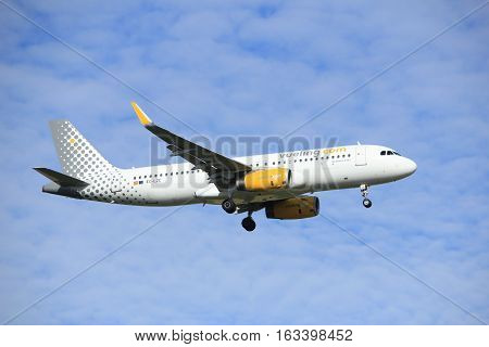 Amsterdam the Netherlands - July 15th 2016: EC-LZE Vueling Airbus A320 approaching Polderbaan runway at Schiphol Amsterdam Airport arriving from Barcelona Spain