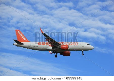 Amsterdam the Netherlands - July 15th 2016: G-EZOE easyJet Airbus A320 approaching Polderbaan runway at Schiphol Amsterdam Airport arriving from Liverpool United Kingdom