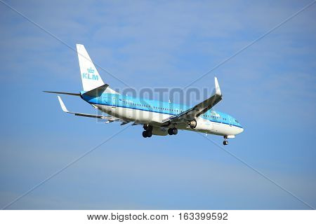 Amsterdam the Netherlands - July 15th 2016:PH-BXE KLM Royal Dutch Airlines Boeing 737 approaching Polderbaan runway at Schiphol Amsterdam Airport arriving from Ibiza Spain