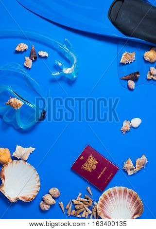 Preparation for a travel, diving, flip, flops,  happy, holiday, icons,  island, mask,message, 				 		ocean, paradise, passport, relaxation