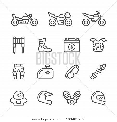 Set of motorcycle related line icons isolated on white. Vector illustration