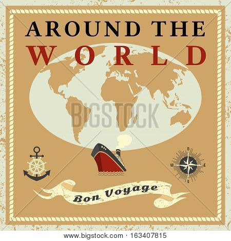 Travel concept. Around the world ship cruise. Ribbon have nice trip - Bon voyage in French letters. Freehand cartoon retro style. Tourist vessel tour vacation. Vintage banner background
