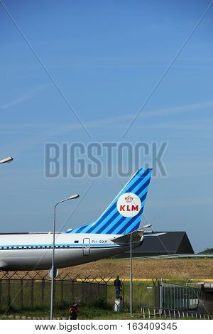 Amsterdam the Netherlands - June 9th 2016: PH-BXA KLM Royal Dutch Airlines Boeing 737 taxiing to Polderbaan runway Schiphol destination Rome Italy. Retro livery for KLM 90th anniversary