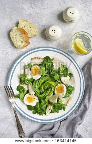 Green Salad With Chicken,avocado And Eggs.top View.