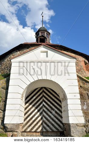 Tower with gate in old fortress Korela in the town of Priozersk Russia.