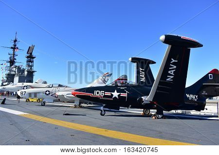 San Diego, California - Usa - Dec 04,2016 - Uss Midway Museum: Aircraft On Deck Of Uss Midway