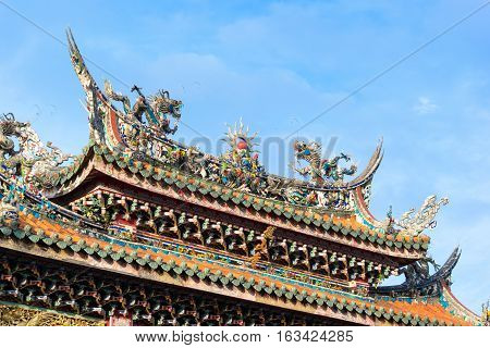 Asia culture concept - Roof with beautiful decoration of famous heritage landmark the traditional old oriental Chinese temple lungshan in Taipei Taiwan