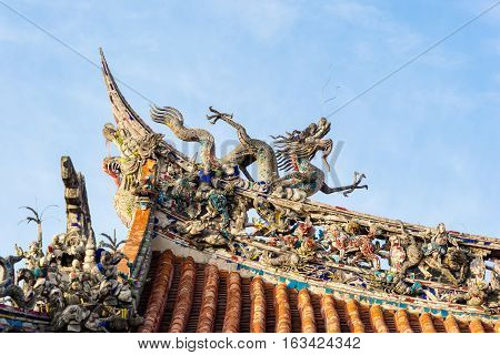 Asia culture concept - Roof with beautiful decoration of famous heritage landmark the traditional old oriental Chinese temple lungshan in Taipei Taiwan