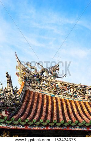 Asia culture concept - Roof with beautiful decoration of famous heritage landmark the traditional old oriental Chinese temple lungshan in Taipei Taiwan