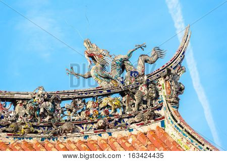 Asia culture concept - Roof with beautiful decoration of famous heritage landmark the traditional old oriental Chinese temple lungshan in Taipei Taiwan