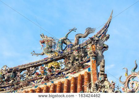 Asia culture concept - Roof with beautiful decoration of famous heritage landmark the traditional old oriental Chinese temple lungshan in Taipei Taiwan