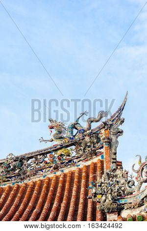 Asia culture concept - Roof with beautiful decoration of famous heritage landmark the traditional old oriental Chinese temple lungshan in Taipei Taiwan