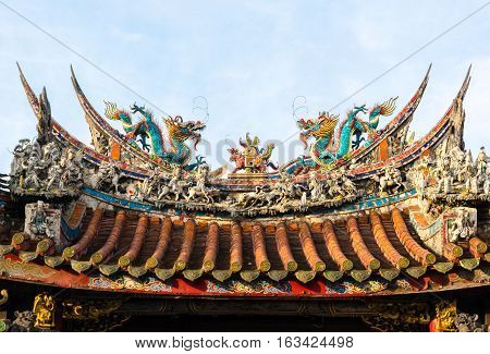 Asia culture concept - Roof with beautiful decoration of famous heritage landmark the traditional old oriental Chinese temple lungshan in Taipei Taiwan