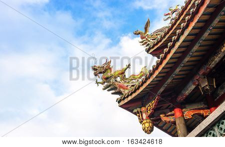 Asia culture concept - Roof with beautiful decoration of famous heritage landmark the traditional old oriental Chinese temple lungshan in Taipei Taiwan