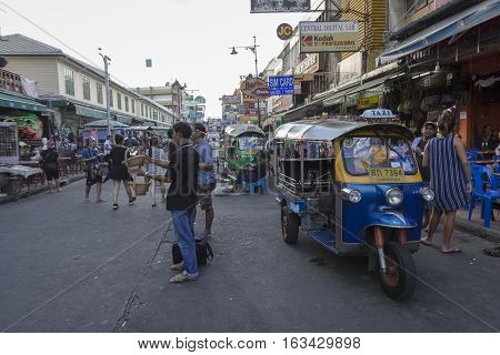 BANGKOK THAILAND - DEC 24 : tuktuk service in Khao San road on december 24 2016. tuktuk is popular server for tourist in Bangkok.